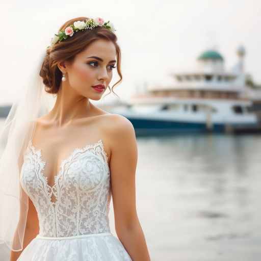 water front scene, bridal model, delicate lace gown, floral headpiece, soft romantic focus, high-key lighting and an 85mm lens for soft, even tones that highlight the model’s face and bright outfit against a white or light background