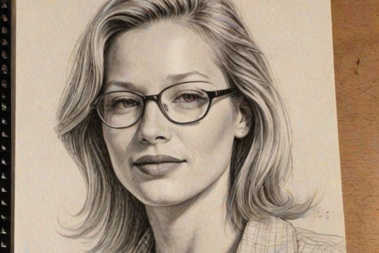 Lovely Joey Lauren Adams, pencil sketch, portrait of Wonderful woman 1975s in glasses, hair style beatnik, outline, clear lines, fine lines, 8k