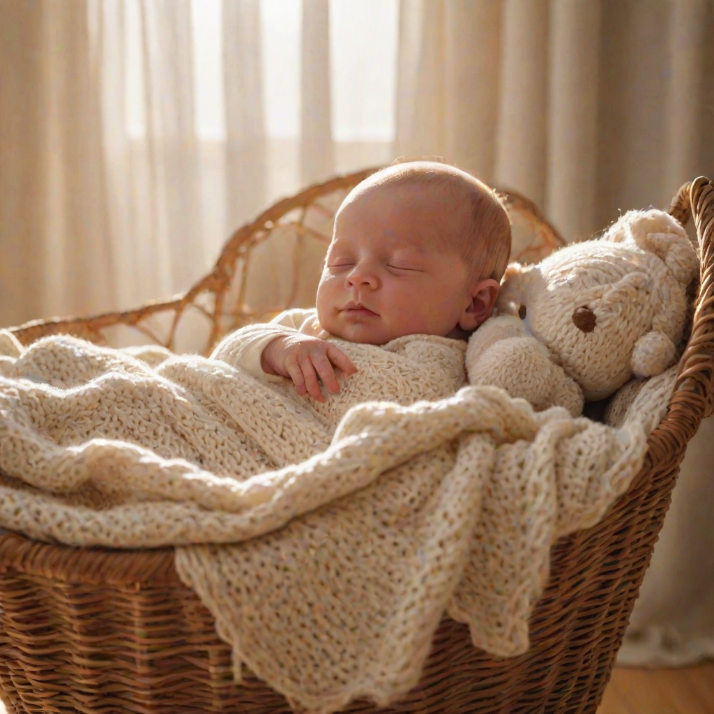 Soft focus, warm light, a newborn baby asleep in a wicker bassinet, cozy knitted blanket tucked around them, sunlight filtering through sheer curtains, gentle shadows on the baby's face, a small stuffed animal resting beside them, wooden floorboards visible underneath.