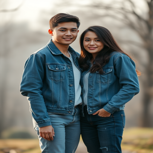 Create a portrait of a young couple wearing denim jackets and jeans, standing close together in a soft, natural light setting, captured with a Canon EOS R5, aperture f/2.8, ISO 100, 50mm lens, with a shallow depth of field for a dreamy background.
