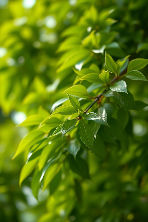 lush green leaves with soft bokeh background, captured with a DSLR camera at f/2.8, ISO 100, 50mm lens, natural light, shot from a low angle to emphasize foliage.