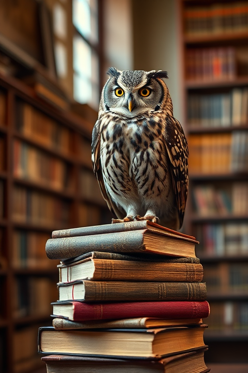 owl perched on a stack of antique books in a library, soft natural light, depth of field focusing on the owl, ISO 200, f/2.8, 50mm lens, DSLR camera, warm tones and rich textures