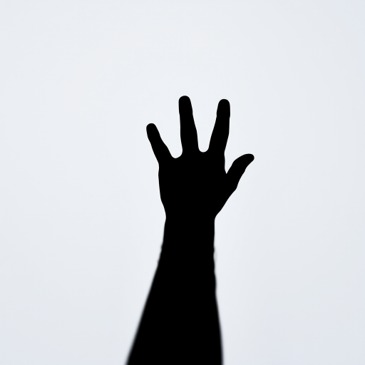 create a high-resolution black silhouette of a hand reaching upwards against a plain background, photography style, shot with a 50mm lens at f/1.8, ISO 100, natural lighting, focus on hand detail