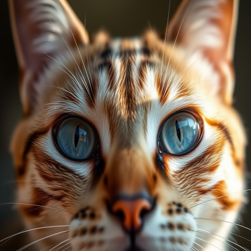 Close-up of a cat's face emphasizing the vibrant blue eyes, natural lighting, aperture f/2.8, shutter speed 1/200s, ISO 100, macro lens, DSLR camera, shallow depth of field.