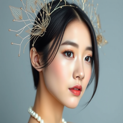 The image depicts a young korean woman with sleek, dark hair wearing an intricate and avant-garde headpiece. The headpiece is made of delicate, metallic structures resembling abstract butterfly wings or branches, framing her face with an artistic, futuristic flair. Her expression is soft yet confident, and her makeup emphasizes her eyes with long lashes and a subtle lip color, giving her a refined and elegant appearance. She also wears a pearl necklace, adding a touch of classic sophistication that contrasts with the modern, almost ethereal design of the headpiece