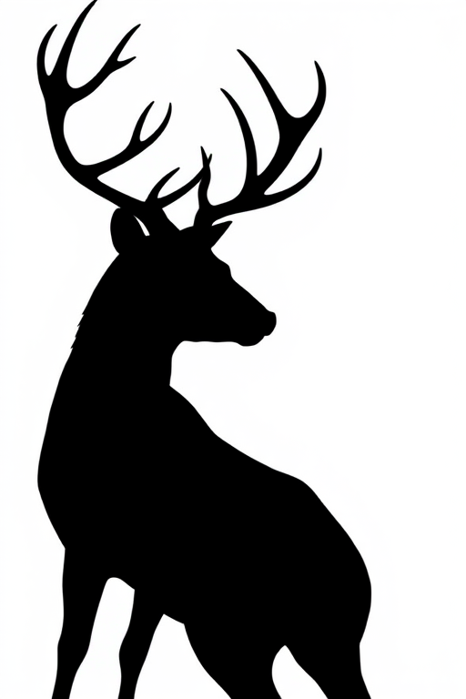 regenerate a silhouette of a majestic deer with antlers, focus on the profile view, use a DSLR camera at f/5.6, ISO 100, 50mm lens, natural light, high contrast, and a clean white background for clarity