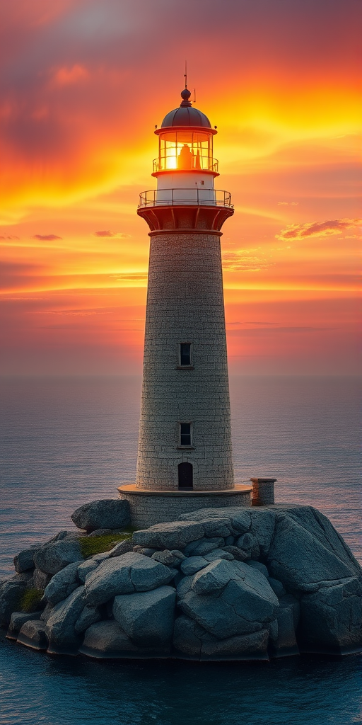 Generate an image of a tall lighthouse perched on a rocky outcrop surrounded by calm ocean waters during a breathtaking sunset. The lighthouse stands sturdy and weathered, its stone surface illuminated by the warm golden light of the setting sun. The sun's rays pass directly through the glass lantern room at the top of the lighthouse, casting a brilliant light across the scene. The sky is painted with vibrant shades of orange, pink, and purple, reflecting off the tranquil sea. The surrounding water shimmers with the same warm hues, creating a serene and majestic atmosphere.