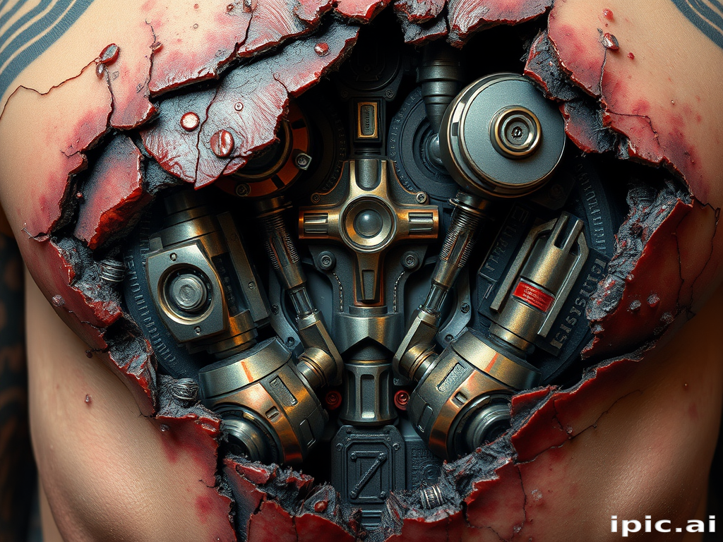 Realistic 3D biomechanical tattoo revealing cybernetic enhancements beneath torn skin, incorporating hyperrealistic textures and metallic sheen for a stunning trompe l'oeil effect