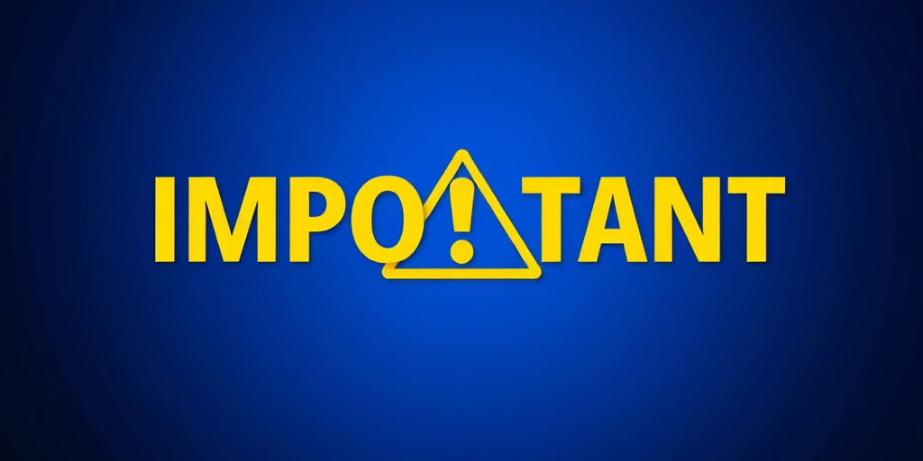 Create an image of the word "IMPORTANT" in bold yellow letters with an exclamation mark inside a yellow triangle, set against a gradient background of blue shades, captured with a DSLR camera at f/2.8 aperture, ISO 100, 50mm lens, in a vibrant, high-contrast style.