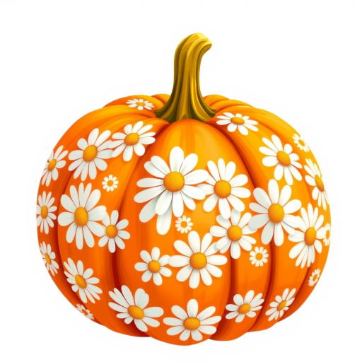 a whimsical orange pumpkin with white daises pattern covering the pumpkin. Solid white background sublimation vector 3000dpi 32k