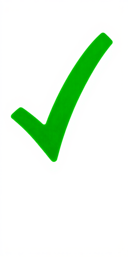 Create an image of a green check mark on a white background, using a DSLR camera with a 50mm lens, aperture set to f/2.8, ISO 100, with a slightly overhead view for a clean and crisp presentation.