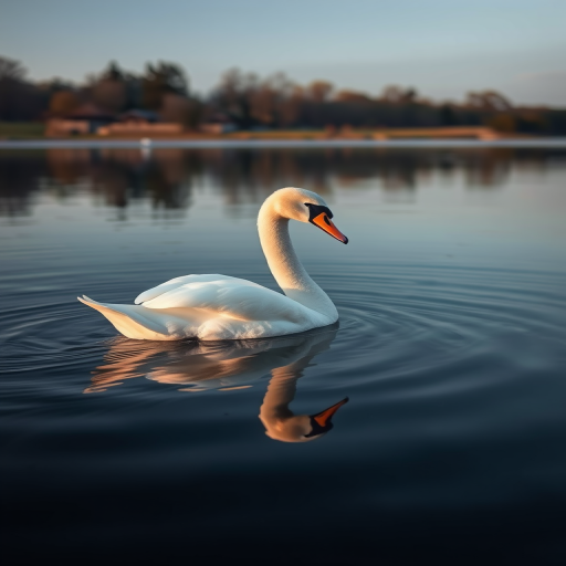 Capture a serene image of a swan swimming gracefully on still water at dawn, using a DSLR camera with a 50mm lens, aperture set to f/2.8 for a shallow depth of field, ISO 100 for low noise, and a shutter speed of 1/200s to freeze motion, ensuring a calm reflection is visible in the water.
