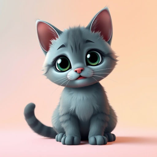 Create a high-resolution digital illustration of a cute gray cartoon cat with large eyes and a playful pose, using a soft pastel background to enhance contrast, shot with a Canon EOS R5 at f/2.8, ISO 100, 50mm lens, in a studio setting with soft diffused lighting.