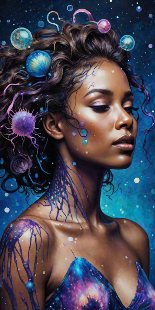 Captivating conceptual render alcohol ink art, double exposure, the paint strokes artfully merge combining a woman's full silhouette with a Joyous jellybean (fish)'s silhouette. The figures are composed of a series of colored dots, lines & spots that evoke the image of a cosmic galaxy, colors are deep shades of blue purple & black with flashes of white & silver representing distant stars. The woman's silhouette is formed within the lion's silhouette from constellations of scattered stars, surreal