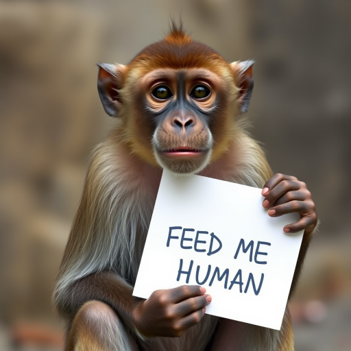 monkey holding a note which says "FEED ME HUMAN"