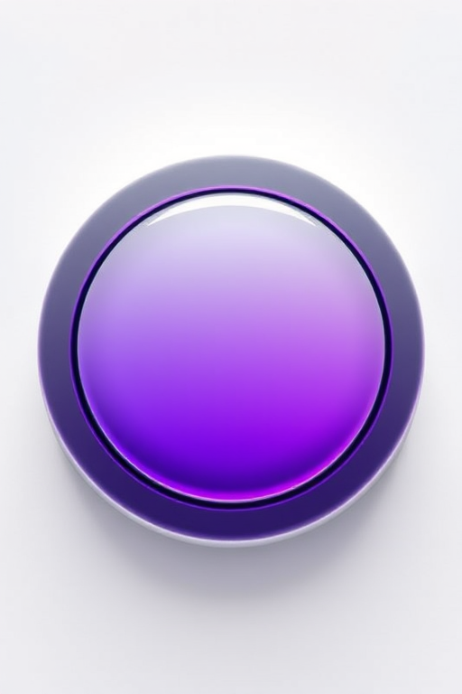Create a high-resolution image of a glossy button with a gradient from light gray to deep purple, taken with a Canon EOS R5 at f/2.8, ISO 100, with a 50mm lens in a soft focus style against a white background.