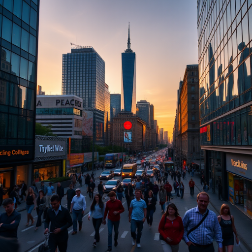 Create a high-resolution image of a busy city street with pedestrians, capturing the vibrant atmosphere during sunset, using a DSLR camera with a 50mm lens, aperture set to f/2.8, ISO 100, and a shutter speed of 1/125s, shot from a slightly elevated angle to showcase the skyline and activities below.