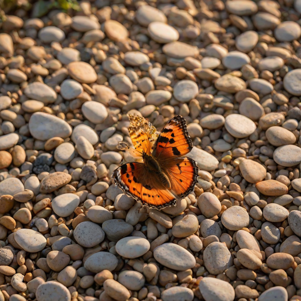 A vibrant orange and yellow butterfly with black markings is perched on a bed of small, brown pebbles in the warm, golden light of a setting sun. The butterfly is facing the viewer with its wings slightly raised, creating a sense of delicate movement. The background is a soft, blurred green and yellow, creating a gentle, natural atmosphere. The image is captured in a close-up perspective, focusing on the butterfly's intricate details and the warm glow of the sunlight.