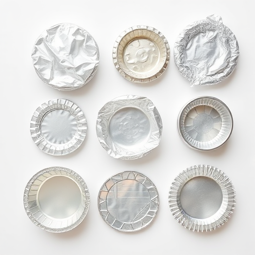 photograph of various aluminum foil containers arranged artistically on a white background, taken with a DSLR camera at f/8 aperture, ISO 100, 1/60 sec shutter speed, using a macro lens, over a top-down view, natural lighting for enhanced quality