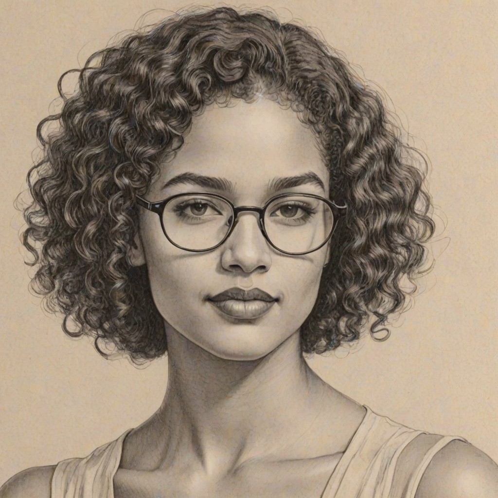Delightful Indya Moore, pencil sketch, portrait of Enticing woman 1928s in glasses, hair style beatnik, outline, clear lines, fine lines, 8k