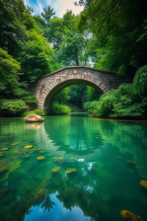 Regenerate an image of a tranquil water scene featuring an arch bridge surrounded by lush greenery, captured with a DSLR camera at f/8 aperture, ISO 100, 1/250s shutter speed, wide-angle view, in HDR style for enhanced color depth and detail.