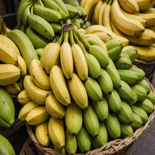 a vibrant display of ripe yellow bananas and unripe green bananas stacked together in a market setting