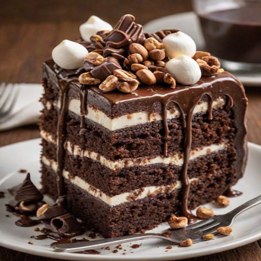 Create an image of a decadent chocolate cake slice with multiple layers. The cake should have a rich chocolate frosting on top, decorated with mini marshmallows and chocolate drizzle. The layers should include chocolate cake and a creamy filling, with some visible nuts or crunchy elements. The plate should be white, and a fork should be placed beside the slice. The background should be softly blurred to emphasize the cake.