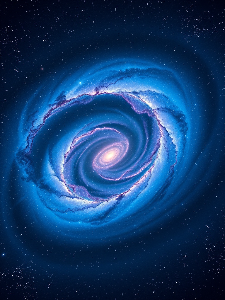 Create a mesmerizing digital artwork of a swirling galaxy with vibrant blue and purple hues, featuring bright star trails in a spiral pattern, using a DSLR camera at f/2.8, ISO 800, 30-second exposure, captured in a wide-angle view with a landscape orientation to enhance depth and detail.