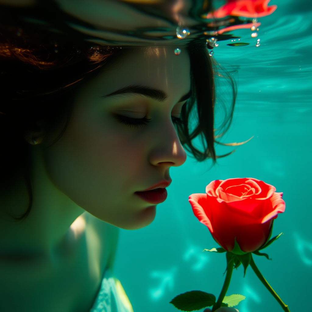 A woman underwater, gazing at a rose Her face is reflected in the water's surface The scene is illuminated by sunlight filtering through the water The atmosphere is serene and contemplative