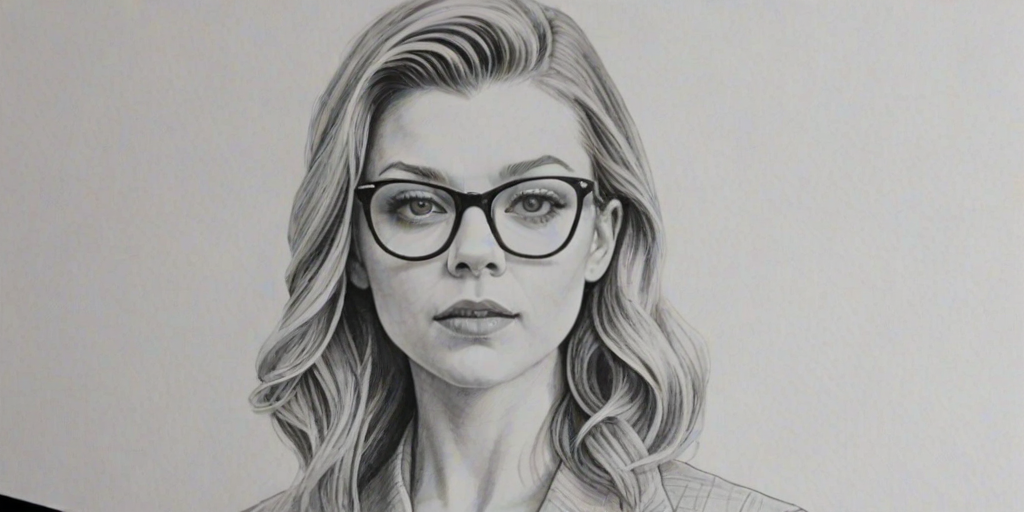 Charming Natalie Dormer, pencil sketch, portrait of Stunning woman 1964s in glasses, hair style beatnik, outline, clear lines, fine lines, 8k