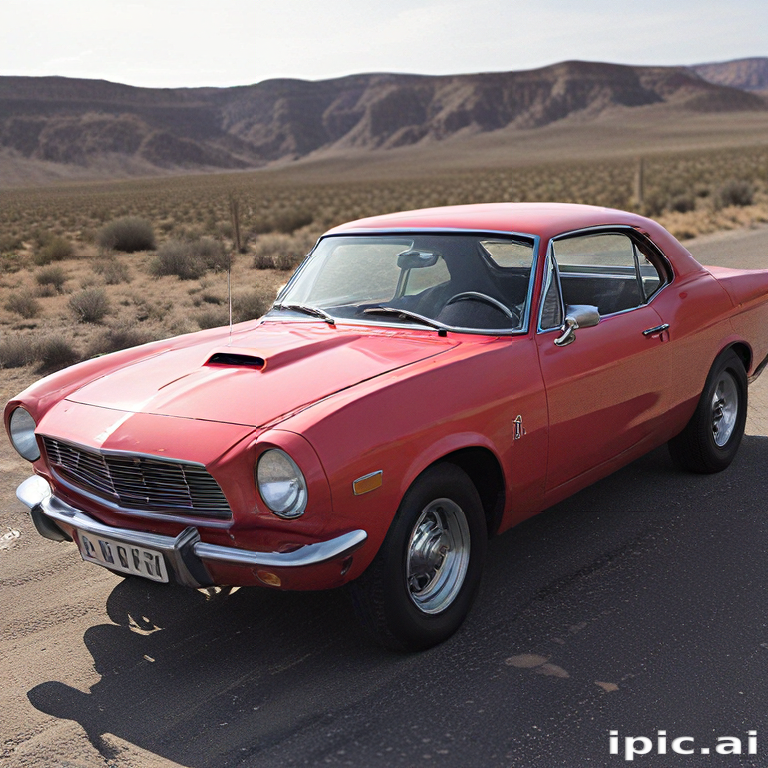 Classic Red Muscle Car Parked on an Open Desert Road