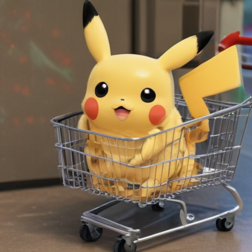 pikachu with a shopping cart anime cartoon