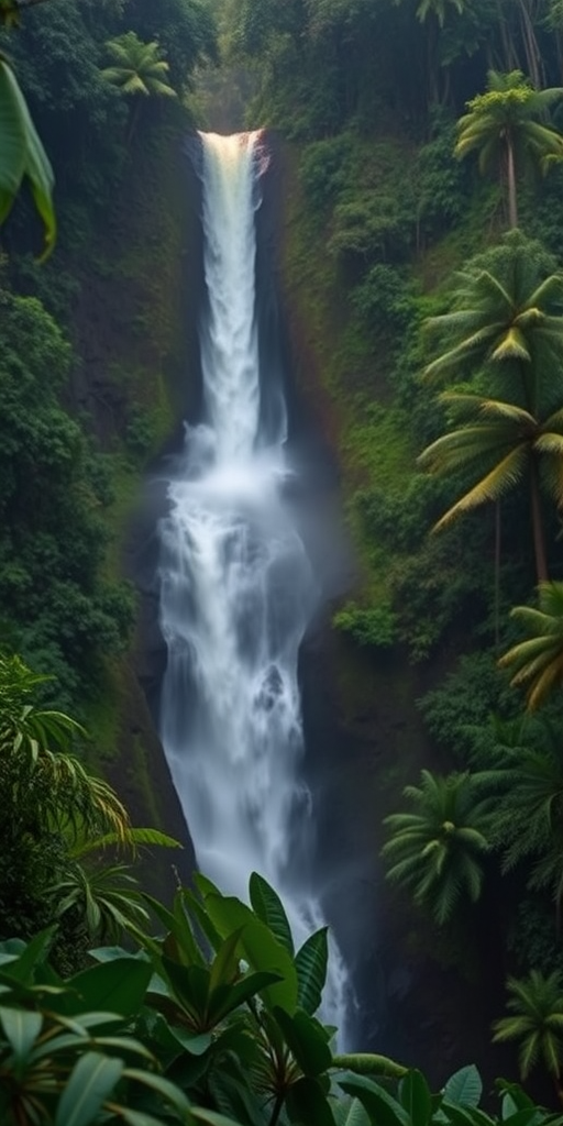 waterfall in a lush tropical rainforest with mist rising, captured at sunrise, using a Canon EOS 5D Mark IV, ISO 100, f/8, 1/125 sec, wide-angle lens, HDR style, soft focus and high dynamic range for enhanced depth and detail