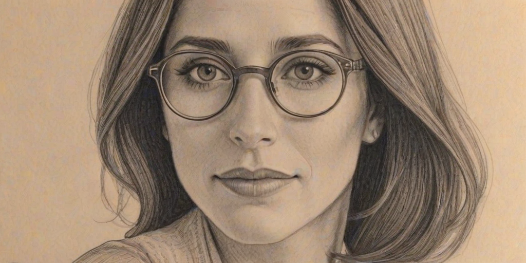 Graceful Soleil Moon Frye, pencil sketch, portrait of Captivating woman 1929s in glasses, hair style beatnik, outline, clear lines, fine lines, 8k