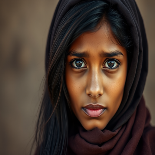 Create a portrait of a young Sri Lankan woman with long, dark hair and captivating hazel eyes. She is wearing a dark headscarf and a matching scarf draped gracefully around her neck. The background is softly blurred, focusing attention on her serene and natural expression. The overall color palette is muted and warm, enhancing the intimate and authentic feel of the portrait.