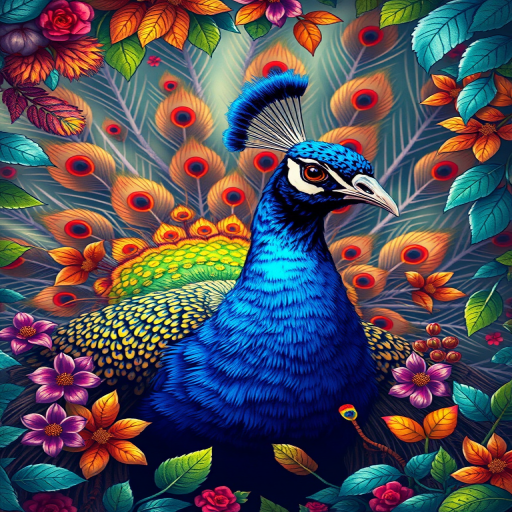 Create a vibrant, detailed illustration of a peacock surrounded by swirling colorful feathers and foliage, using a 50mm lens, f/2.8 aperture, ISO 100, shot from eye level with a soft focus background for enhanced depth.