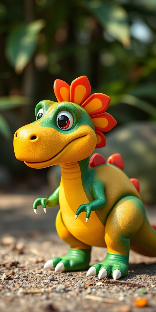 Create a vibrant cartoon dinosaur with a rounded body and exaggerated facial expressions, using a DSLR camera with a 50mm lens, f/1.8 aperture, ISO 100, in natural light, at a low angle to capture detail and depth.