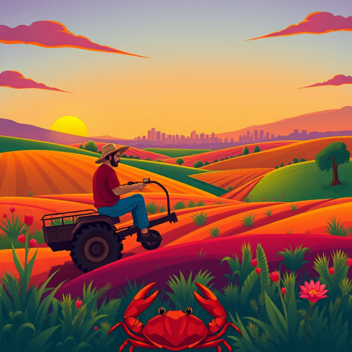 Create an illustration of a farmer sitting on a plow in a colorful, stylized landscape during sunset, with a distant city skyline, a sun in the corner, and a crab in the foreground, using a vibrant color palette and smooth lines; camera settings: f/8, ISO 100, 1/60s, camera view: wide-angle, camera style: cartoonish, camera type: digital illustration.