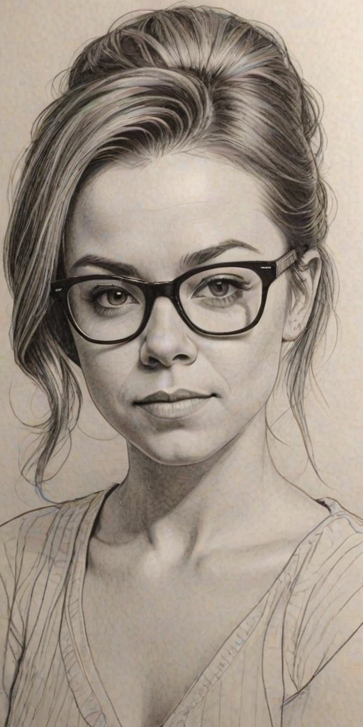 Radiant Tina Majorino, pencil sketch, portrait of Wonderful woman 1969s in glasses, hair style beatnik, outline, clear lines, fine lines, 8k