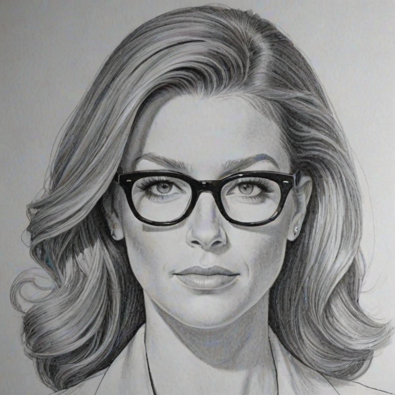 Sublime Poppy Montgomery, pencil sketch, portrait of Superb woman 1952s in glasses, hair style beatnik, outline, clear lines, fine lines, 8k