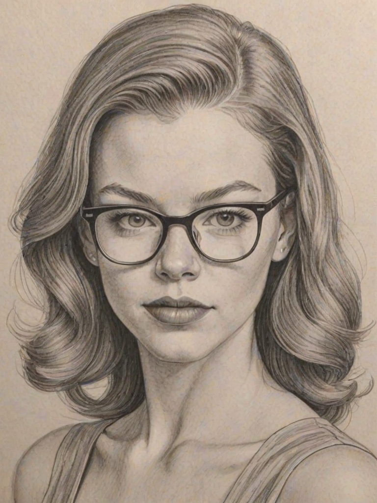 Dazzling Cameron Monaghan, pencil sketch, portrait of Graceful woman 1941s in glasses, hair style beatnik, outline, clear lines, fine lines, 8k