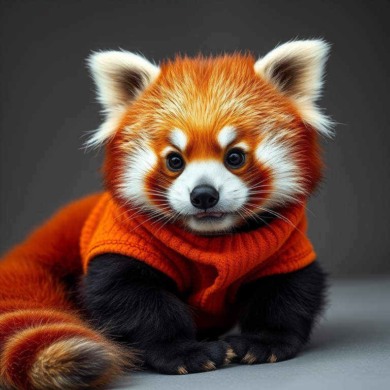 A cute red panda wearing a cozy orange sweater, sitting comfortably, detailed fur texture, soft lighting, camera settings: f/2.8, ISO 200, shutter speed 1/125, camera view: close-up, camera style: studio portrait, camera type: DSLR.