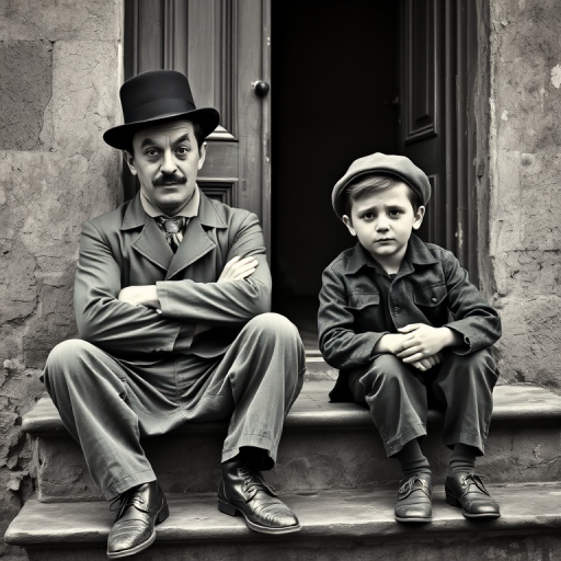 A black-and-white photograph of a man and a child sitting on steps in front of a doorway. The man is dressed as a tramp with a bowler hat, mustache, and ragged clothes, reminiscent of Charlie Chaplin's iconic look. He is sitting with his arms crossed and an expression of slight sadness or frustration. Next to him is a young boy, also in worn clothes and a cap, sitting with his hands clasped, looking thoughtful. The background is an old, textured wall and a partially open door, creating a vintage, early 20th-century atmosphere.