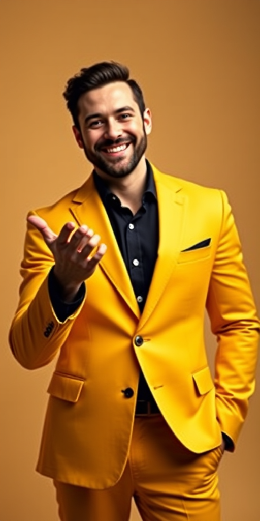 create a high-resolution vector design of a professional male figure in a yellow suit gesturing with a smile, taken with a Canon EOS R5, 50mm lens, f/1.8 aperture, ISO 100, in a studio setting with soft lighting and neutral background for enhanced detail and clarity