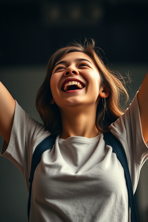 Create an image of a young woman celebrating with a joyful expression, arms raised in triumph, captured in a dynamic angle with soft lighting to emphasize her features, using a Canon EOS R5 camera, 85mm lens, aperture f/1.8, ISO 100, shutter speed 1/500s.