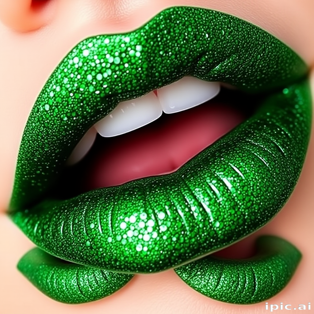 Glittery emerald green lips with a sparkling finish, dubbed "Enchanted Forest," display a daring color choice and multi-dimensional shimmer for a magical appearance