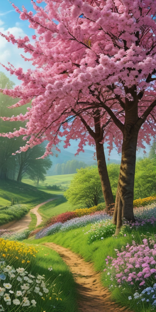 A Serene Pathway Through a Blossom-Filled Spring Landscape Under Clear ...