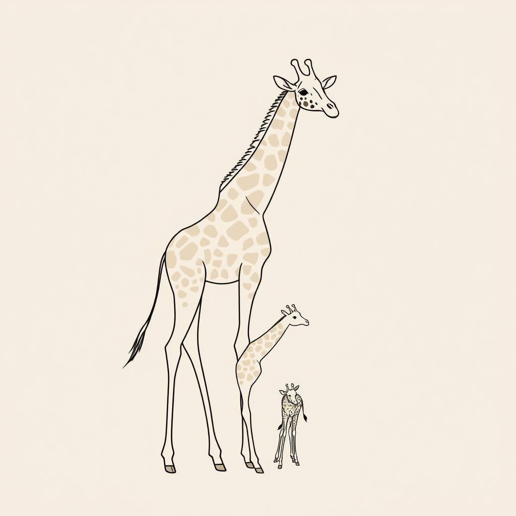 Create a minimalist line drawing of a mother giraffe and her calf against a soft beige background, using a DSLR camera with a 50mm lens, f/1.8 aperture, ISO 100, and soft diffused lighting for enhanced image quality.