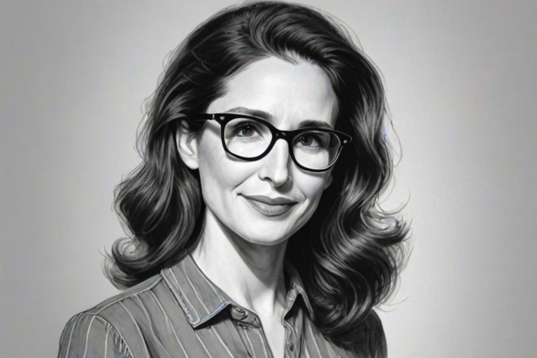Elegant Michaela Watkins, pencil sketch, portrait of Splendid woman 1946s in glasses, hair style beatnik, outline, clear lines, fine lines, 8k