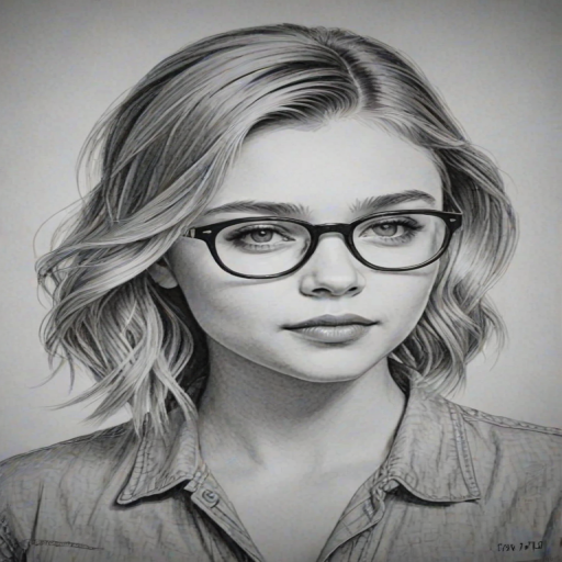 Appealing Chlo' Grace Moretz, pencil sketch, portrait of Superb woman 1952s in glasses, hair style beatnik, outline, clear lines, fine lines, 8k